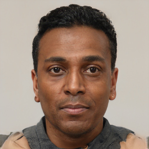 Neutral black adult male with short  black hair and brown eyes