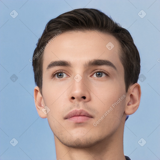 Neutral white young-adult male with short  brown hair and brown eyes