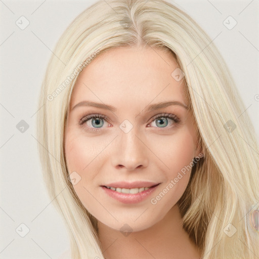 Joyful white young-adult female with long  brown hair and blue eyes