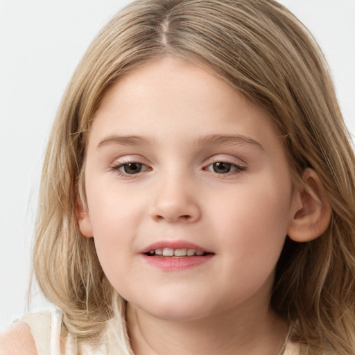 Joyful white child female with long  brown hair and grey eyes