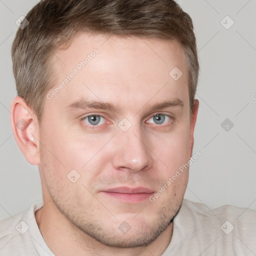 Neutral white young-adult male with short  brown hair and grey eyes