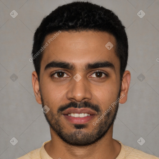 Joyful latino young-adult male with short  black hair and brown eyes