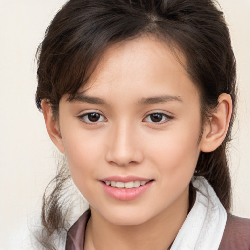 Joyful white child female with medium  brown hair and brown eyes