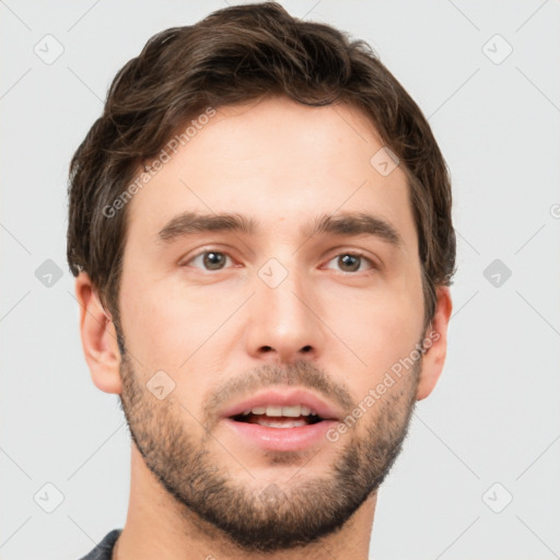 Neutral white young-adult male with short  brown hair and brown eyes