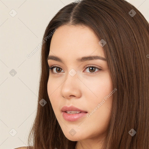 Neutral white young-adult female with long  brown hair and brown eyes