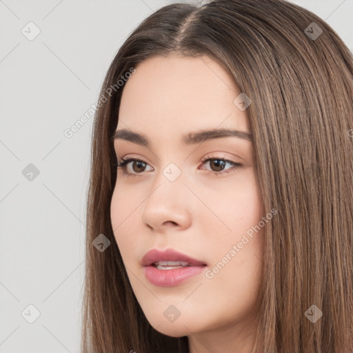 Neutral white young-adult female with long  brown hair and brown eyes