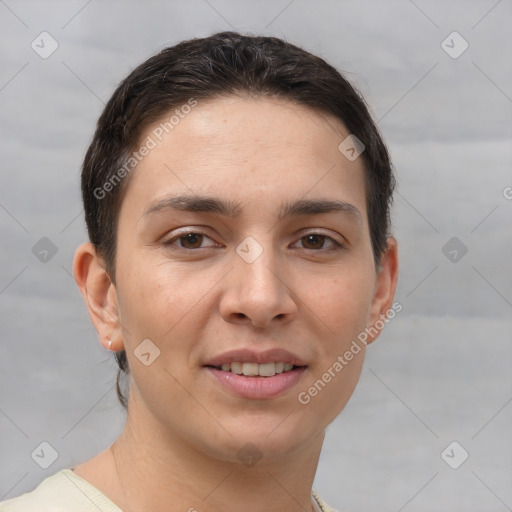 Joyful white young-adult female with short  brown hair and brown eyes