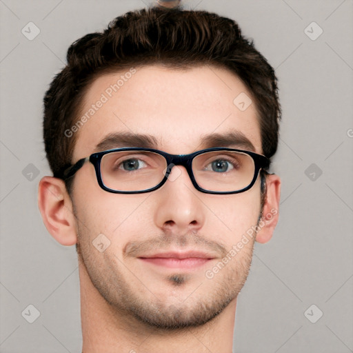 Neutral white young-adult male with short  brown hair and grey eyes