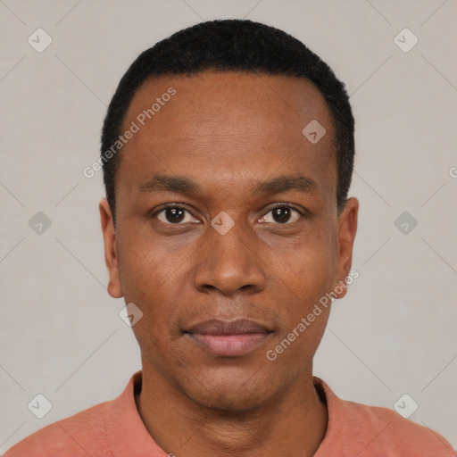 Neutral black young-adult male with short  black hair and brown eyes