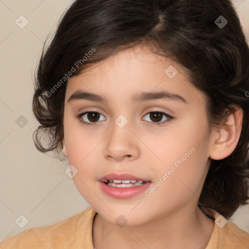 Joyful white child female with medium  brown hair and brown eyes