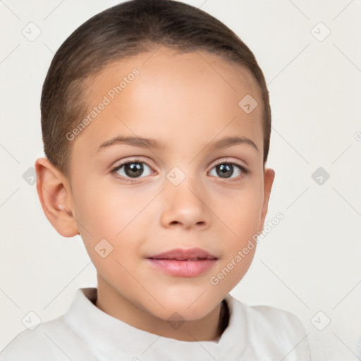 Joyful white child female with short  brown hair and brown eyes