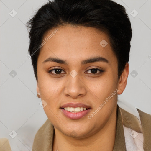 Joyful latino young-adult female with short  brown hair and brown eyes