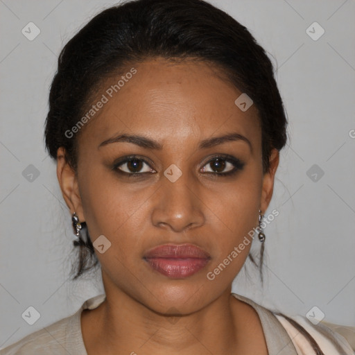 Joyful black young-adult female with medium  brown hair and brown eyes