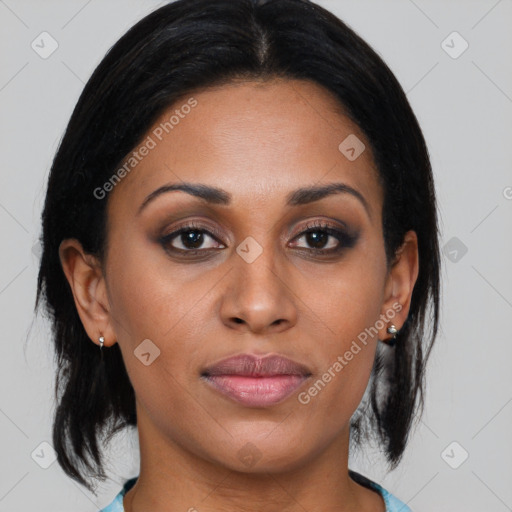 Joyful latino young-adult female with medium  brown hair and brown eyes
