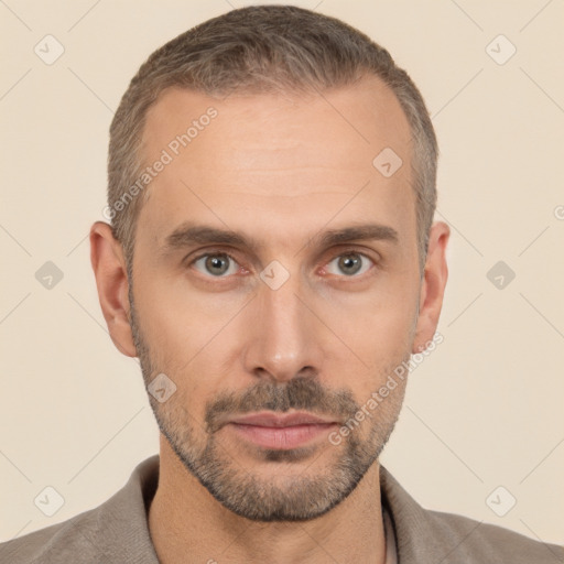 Neutral white adult male with short  brown hair and brown eyes