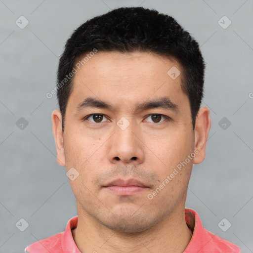 Neutral asian young-adult male with short  black hair and brown eyes