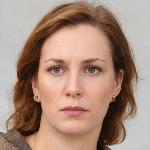 Neutral white young-adult female with medium  brown hair and blue eyes