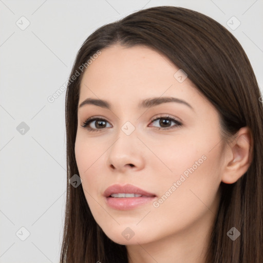 Neutral white young-adult female with long  brown hair and brown eyes