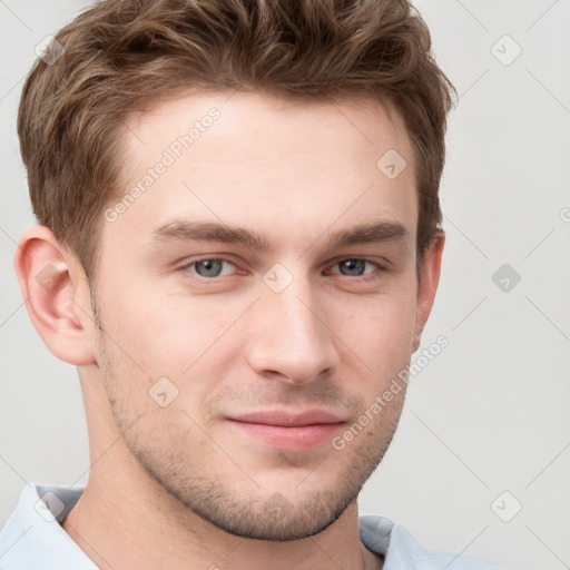 Neutral white young-adult male with short  brown hair and grey eyes