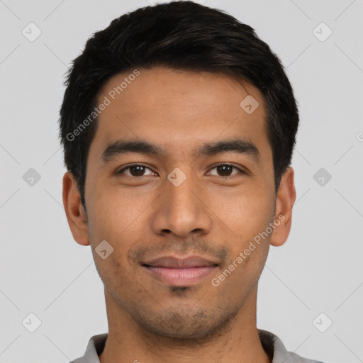 Joyful asian young-adult male with short  black hair and brown eyes