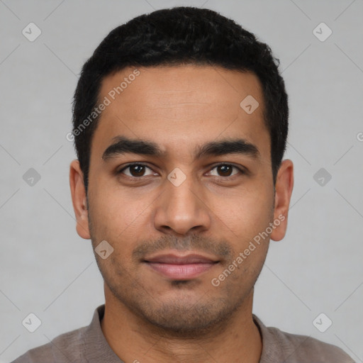 Neutral latino young-adult male with short  black hair and brown eyes