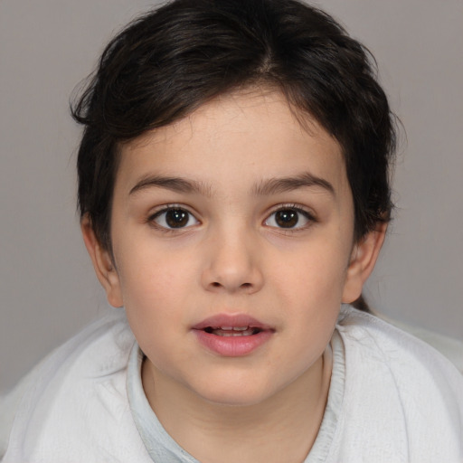 Joyful white child female with medium  brown hair and brown eyes