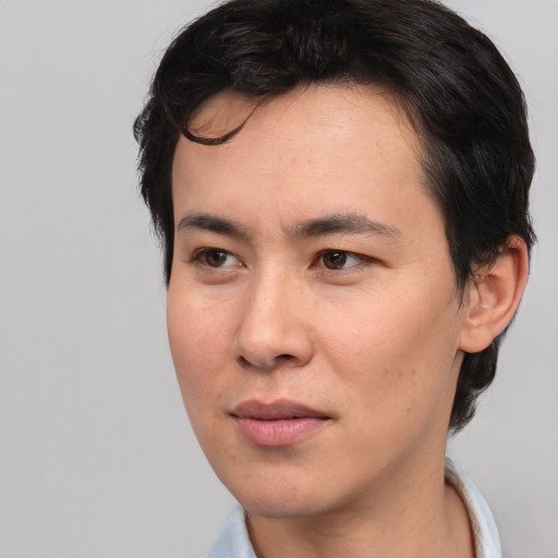 Neutral asian young-adult male with short  brown hair and brown eyes