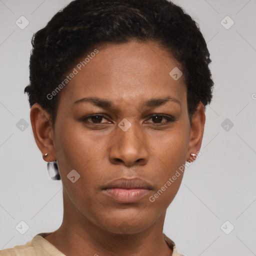 Neutral black young-adult female with short  brown hair and brown eyes