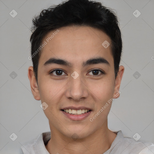 Joyful latino young-adult male with short  brown hair and brown eyes