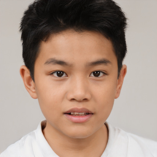 Joyful asian child male with short  brown hair and brown eyes