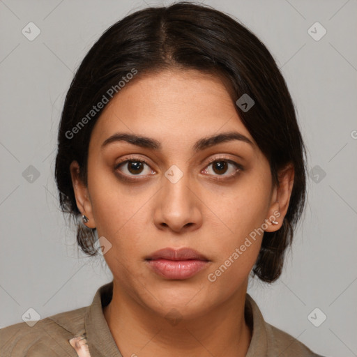 Neutral white young-adult female with medium  brown hair and brown eyes