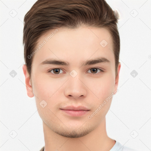 Neutral white young-adult male with short  brown hair and brown eyes