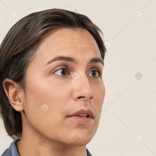 Neutral white young-adult female with short  brown hair and brown eyes