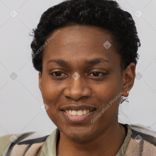 Joyful black young-adult female with short  black hair and brown eyes