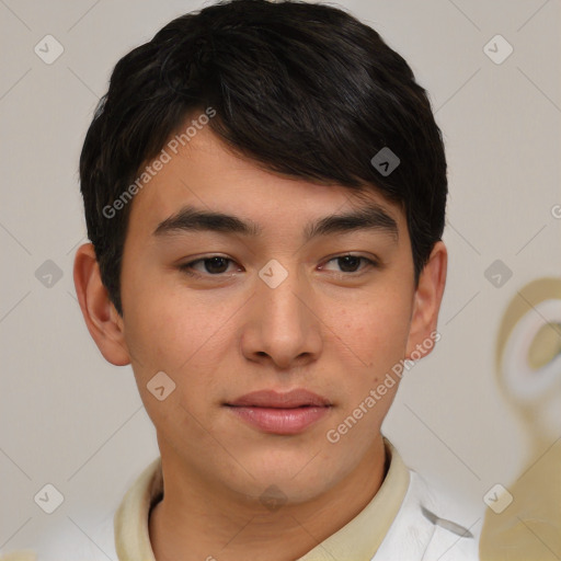 Neutral asian young-adult male with short  brown hair and brown eyes