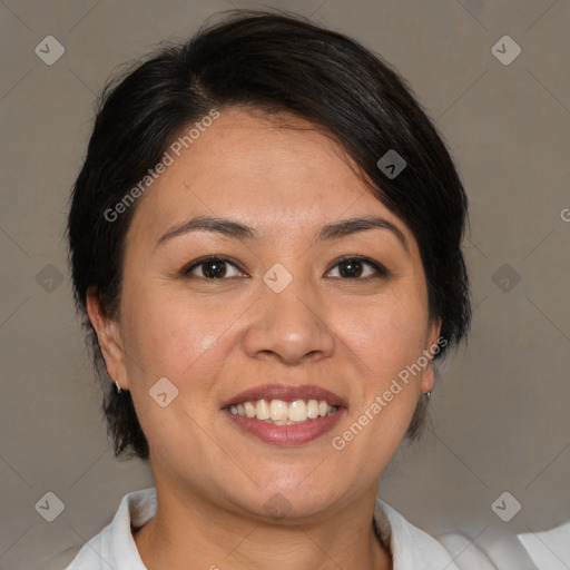 Joyful white adult female with medium  brown hair and brown eyes