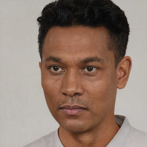 Neutral black young-adult male with short  black hair and brown eyes