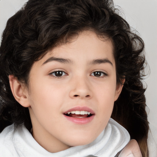 Joyful white child female with medium  brown hair and brown eyes