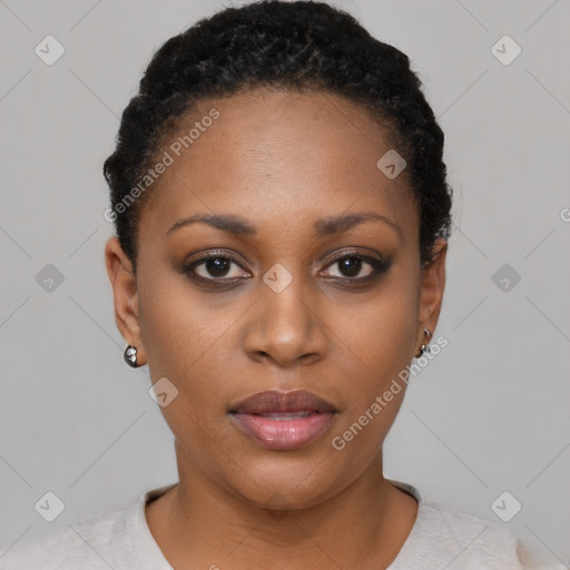 Neutral black young-adult female with short  black hair and brown eyes