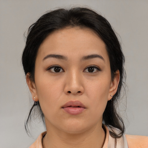 Neutral asian young-adult female with medium  black hair and brown eyes