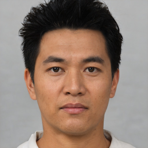 Neutral asian young-adult male with short  black hair and brown eyes