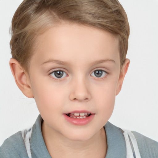 Joyful white child female with short  brown hair and grey eyes