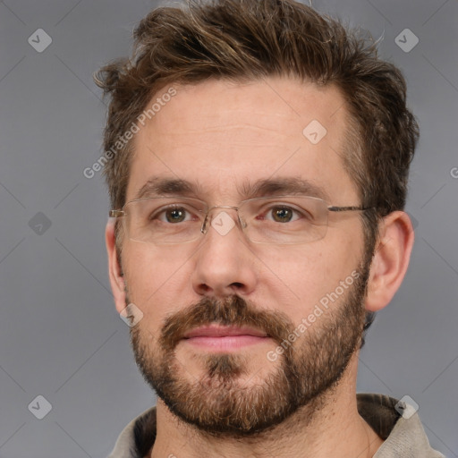 Neutral white adult male with short  brown hair and grey eyes