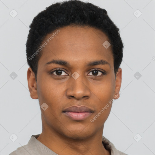 Neutral black young-adult female with short  black hair and brown eyes