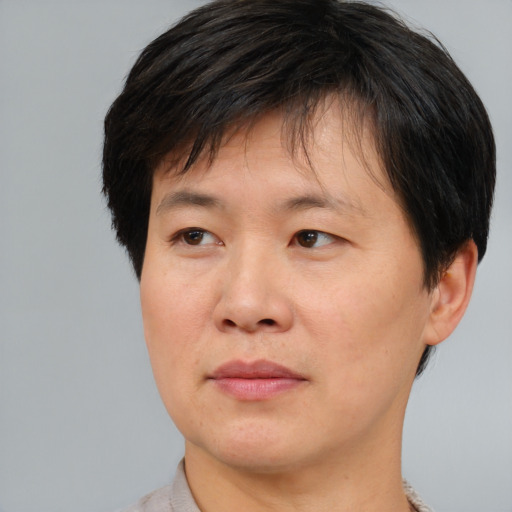 Neutral asian adult male with short  brown hair and brown eyes