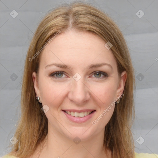 Joyful white young-adult female with medium  brown hair and grey eyes