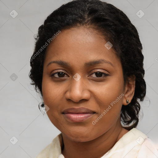 Joyful black young-adult female with medium  brown hair and brown eyes