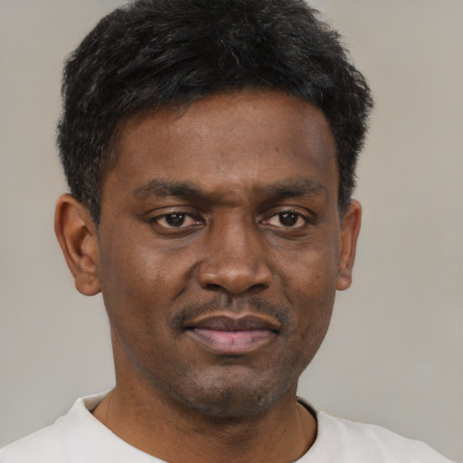 Neutral black young-adult male with short  black hair and brown eyes