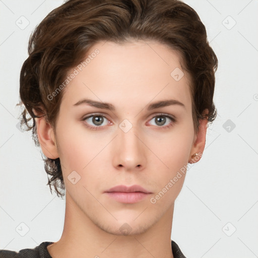 Neutral white young-adult female with short  brown hair and brown eyes