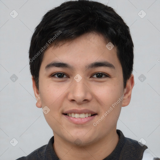 Joyful white young-adult male with short  black hair and brown eyes